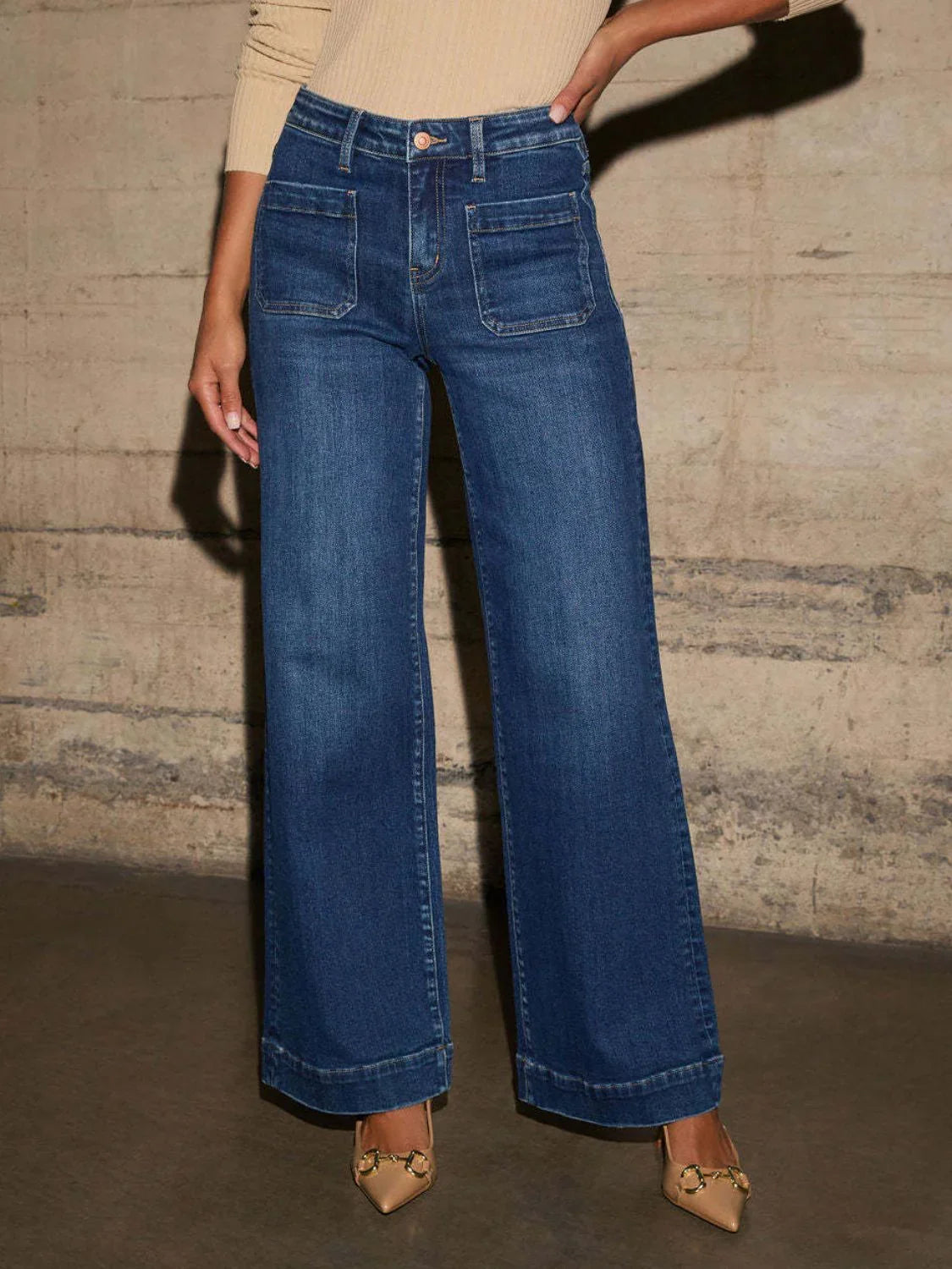 High Rise Wide Leg Jeans with Front Pockets - minbolu -