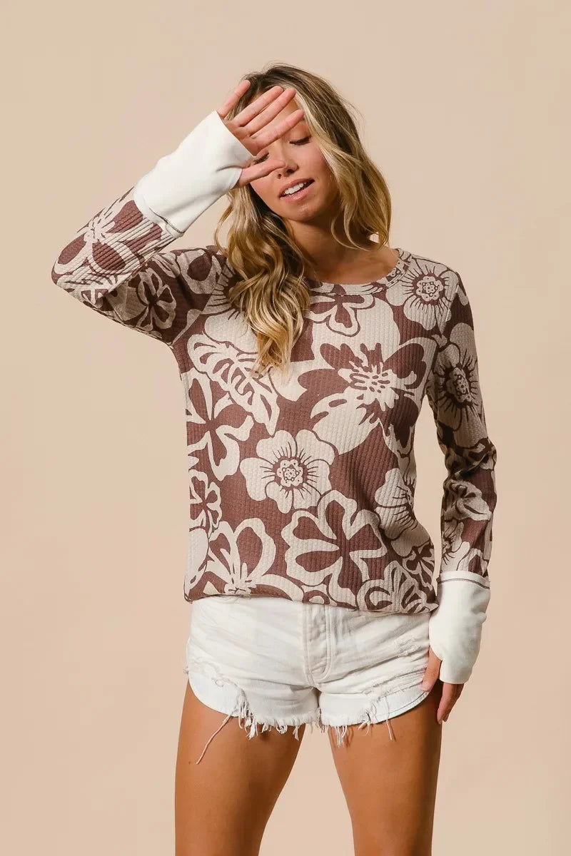 Women's Long Sleeve Top - BiBi Flower Printed Waffle Thumb Opening Boho Long Sleeve Top - minbolu -