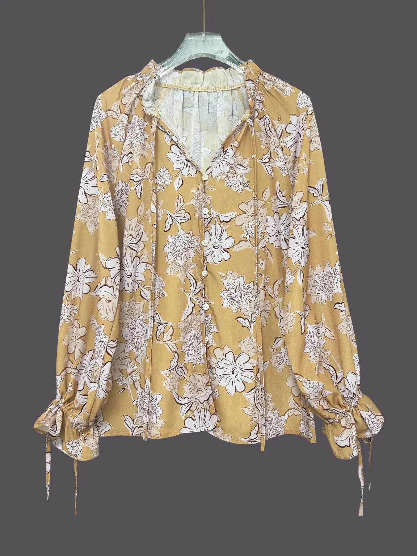 Printed Tie Neck Flounce Sleeve Blouse - minbolu -