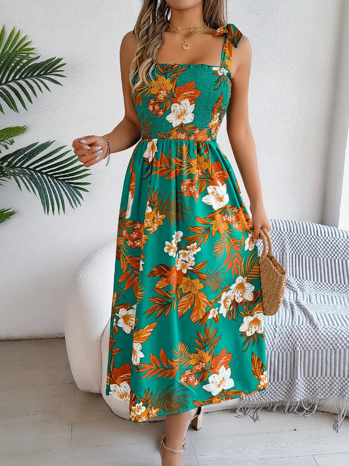 Floral Tie Shoulder Cami Dress - minbolu -