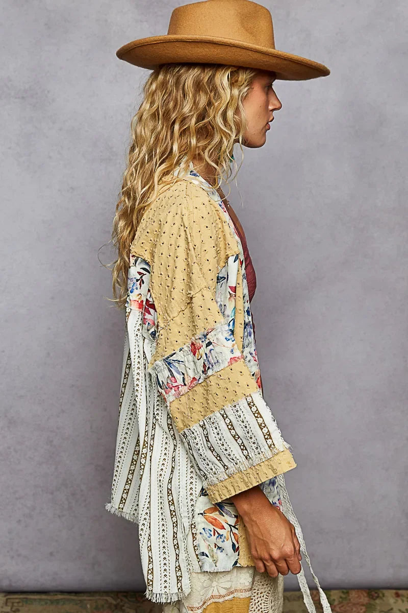 POL Raw Edge Open Front Patchwork Cardigan with Floral Trim - minbolu -
