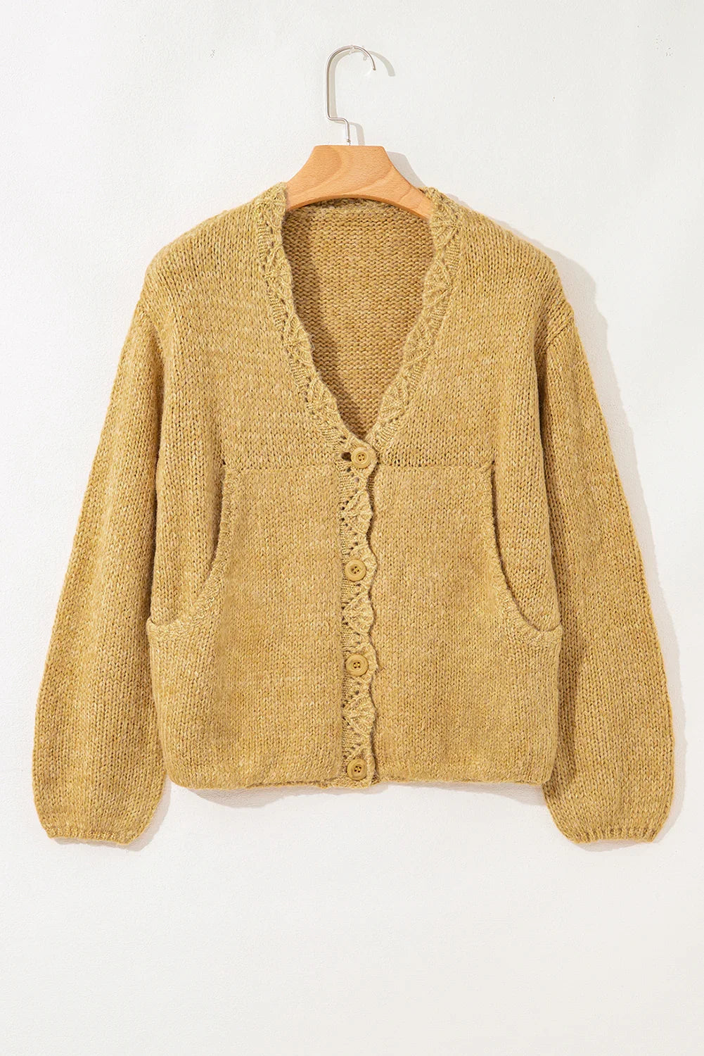 Light French Beige Lantern Sleeve Scallop V Neck Buttoned Front Cardigan - minbolu -
