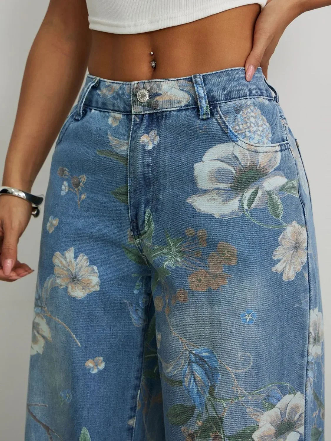 Printed Wide Leg Jeans - minbolu -
