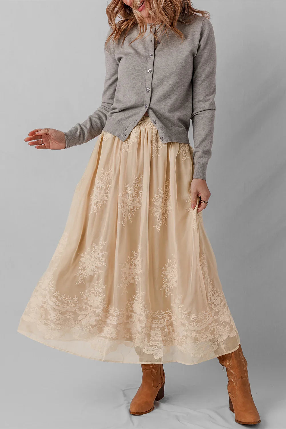 Oatmeal Embroidered Mesh Overlay Flowy Long Skirt - minbolu -