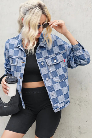 Checkered Button Up Long Sleeve Denim Jacket - minbolu -