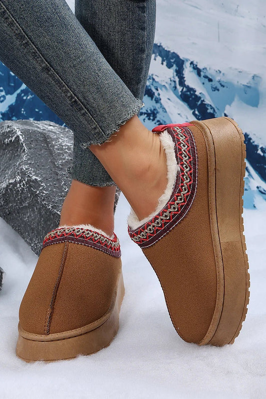 Chestnut Suede Contrast Print Round Toe Plush Lined Flats - minbolu -