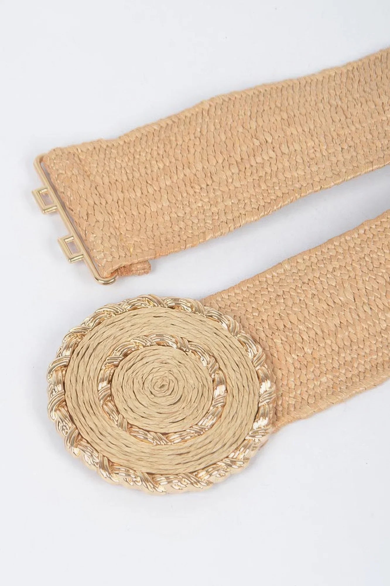 Chic Faux Straw Stretch Belt with Gold Buckle - minbolu