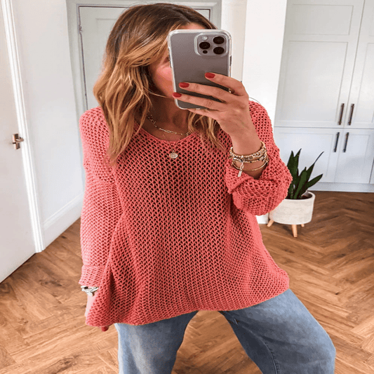 Coral Crochet Hollow-out Knit Sweater - minbolu -