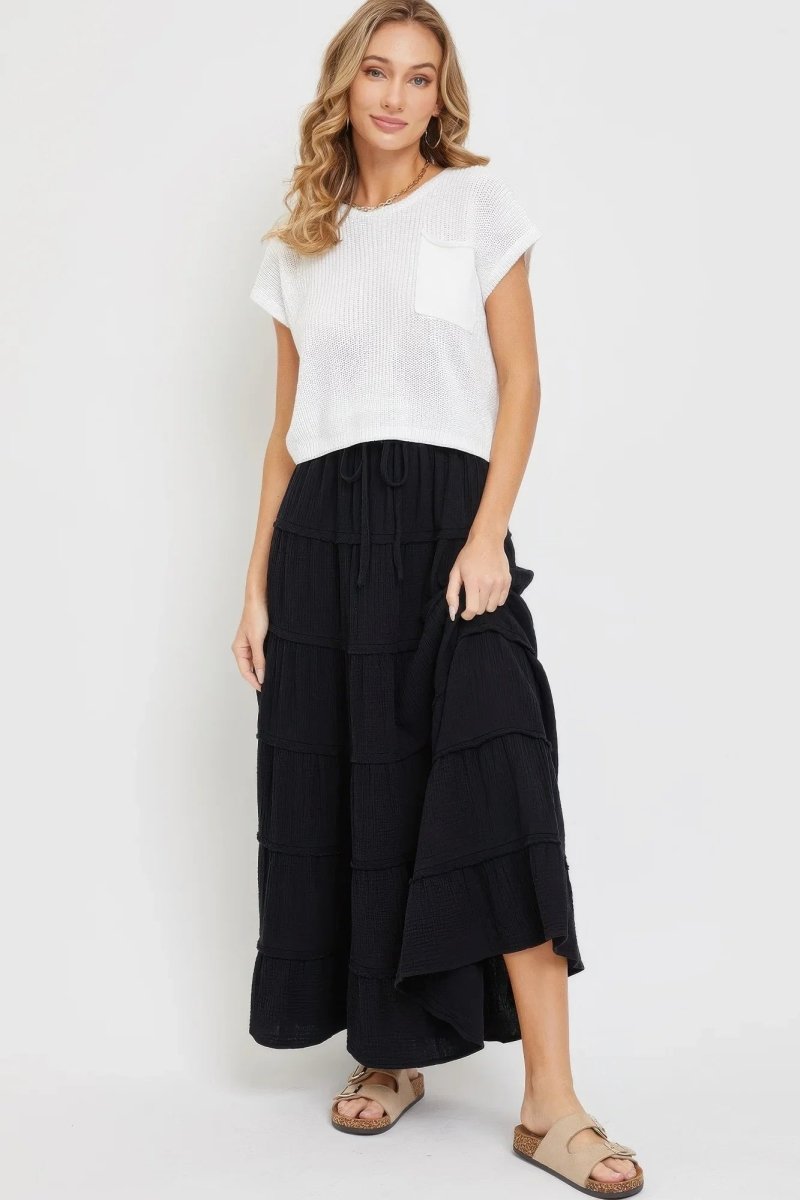 Cotton Gauze Tiered Maxi Skirt - minbolu -