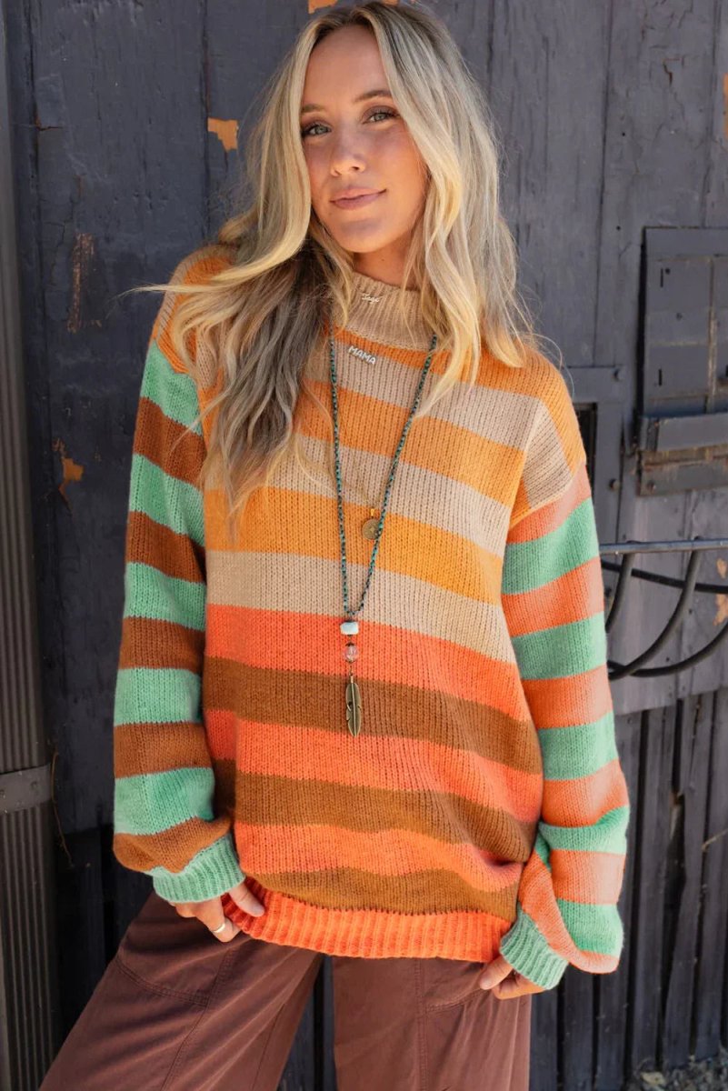 Orange Striped Colorblock High Neck Drop Shoulder Cozy Sweater - minbolu -