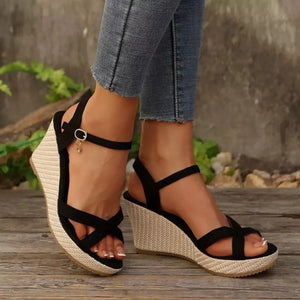 Crisscross Open Toe Wedge Sandals - minbolu -