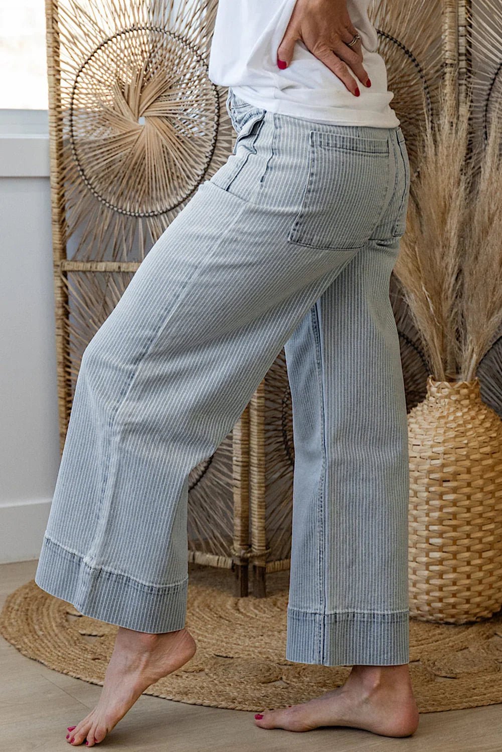 Cuffed Hem Jeans - Sky Blue Striped Wide Leg with Pockets - minbolu