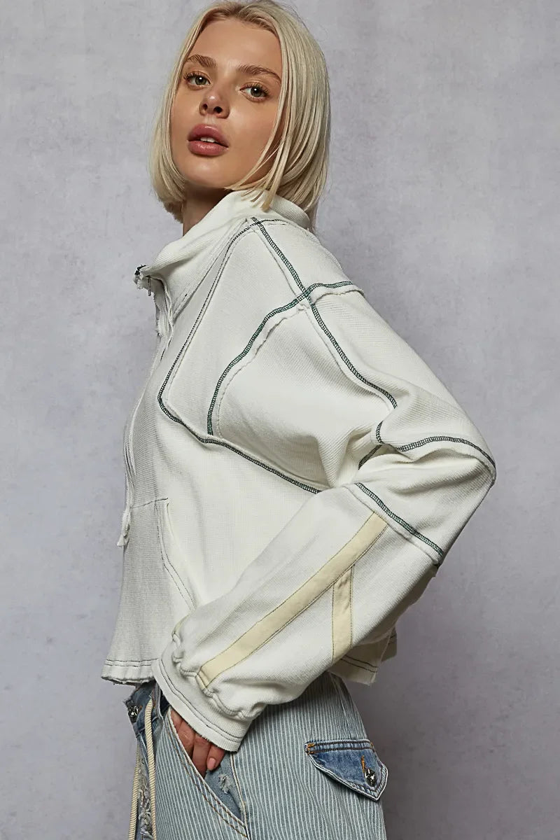 POL Contrast Stitching Zip Front Sweatshirt - minbolu -