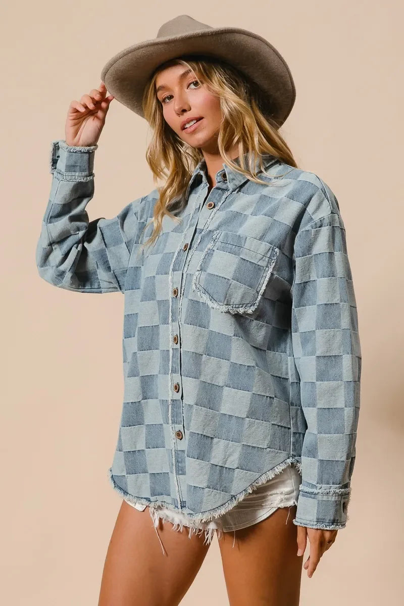 BiBi Frayed Edged Detail Washed Checker Denim Shirt - minbolu -