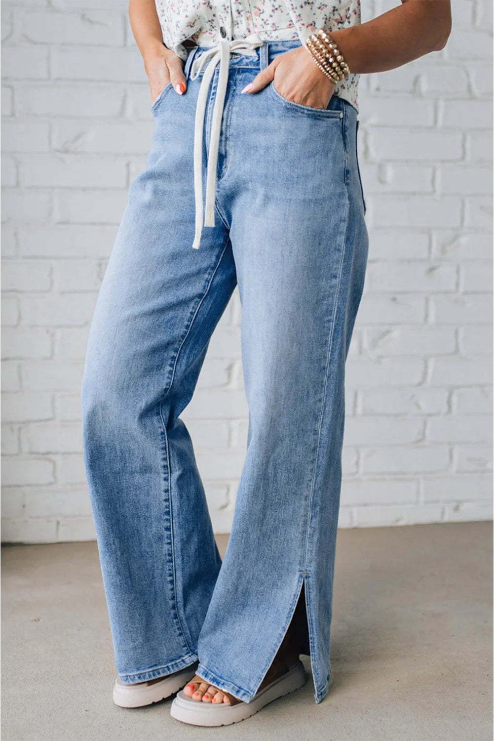 Myosotis Side Slit High Rise Drawstring Casual Jeans - minbolu -