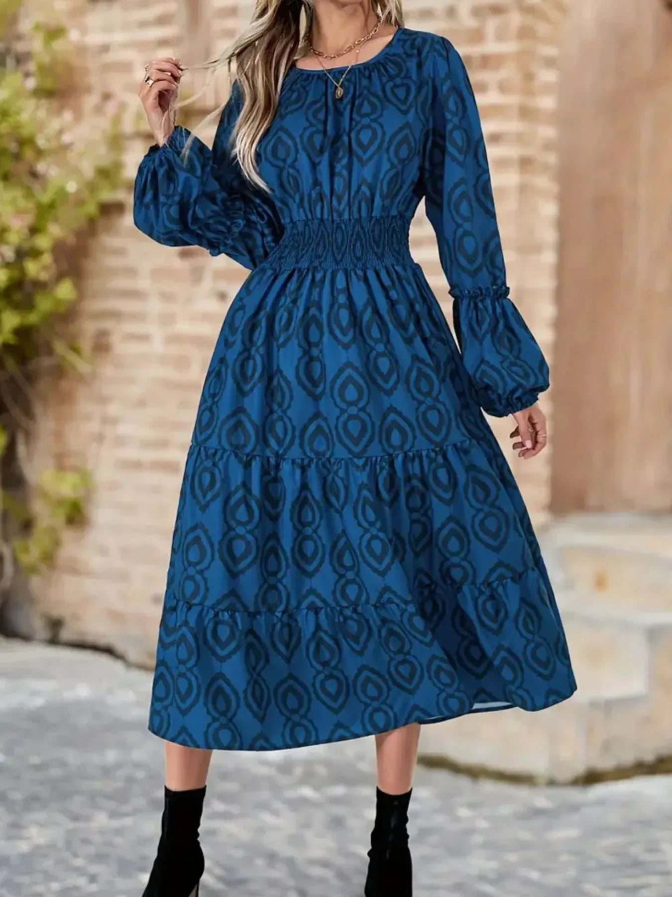 Printed Round Neck Balloon Sleeve Dress - minbolu -