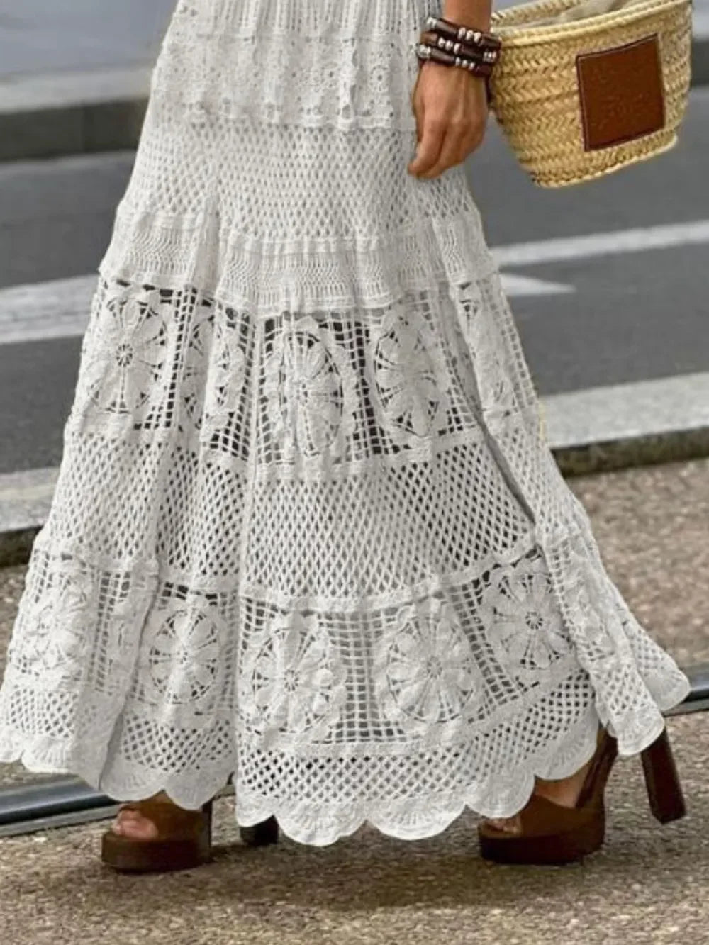 Openwork Crochet Maxi Skirt - minbolu -