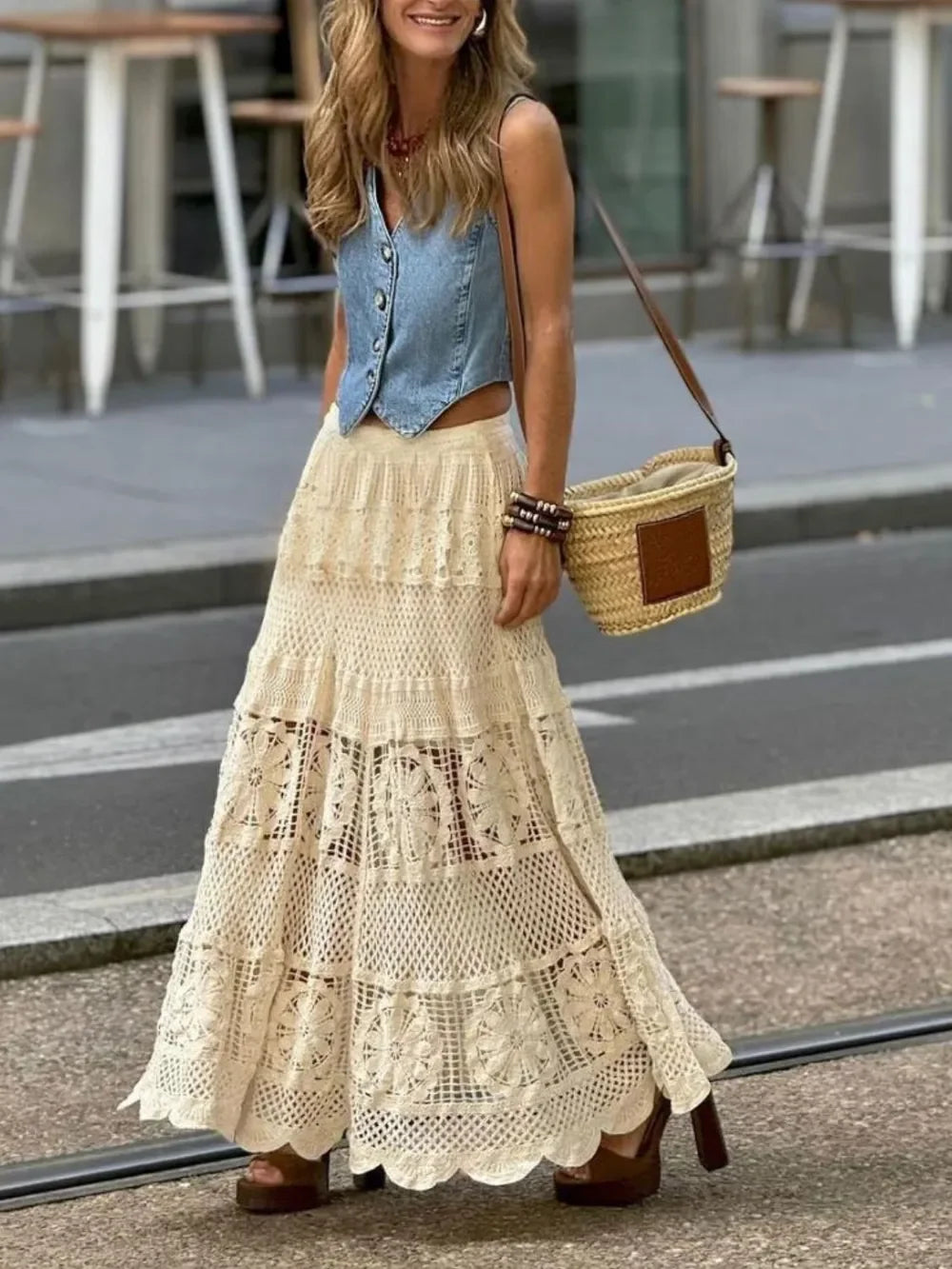 Openwork Crochet Maxi Skirt - minbolu -
