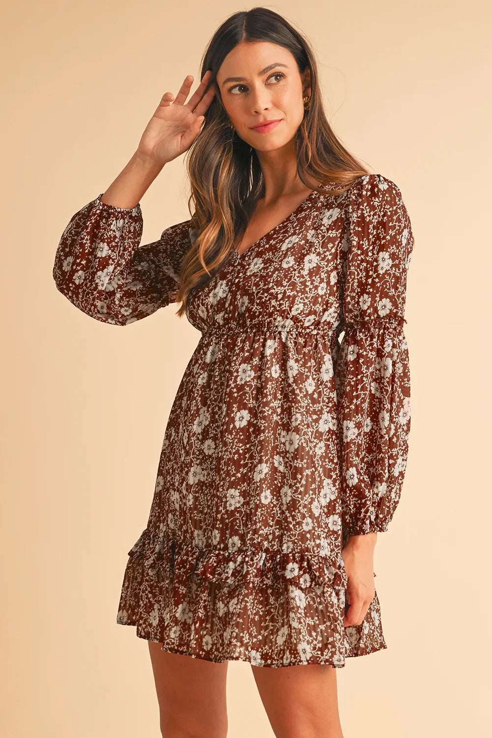 Brown Boho Floral Ruffle Puff Sleeve V Neck Mini Dress - minbolu -