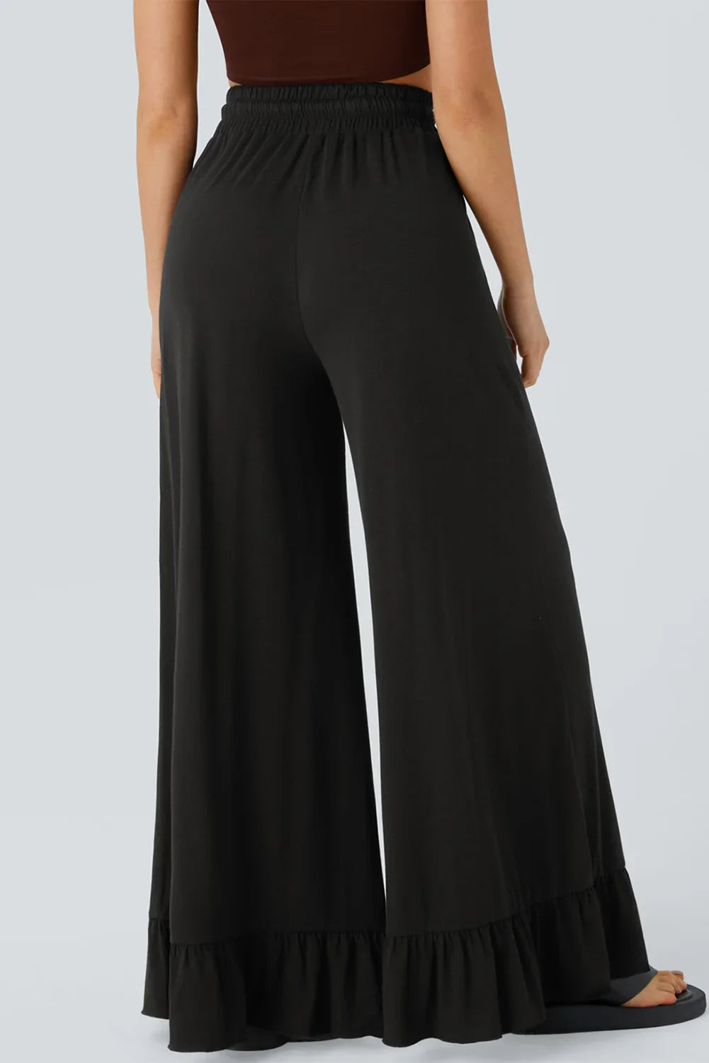 Black Solid Color Ruffle Hem Wide Leg Pants - minbolu -