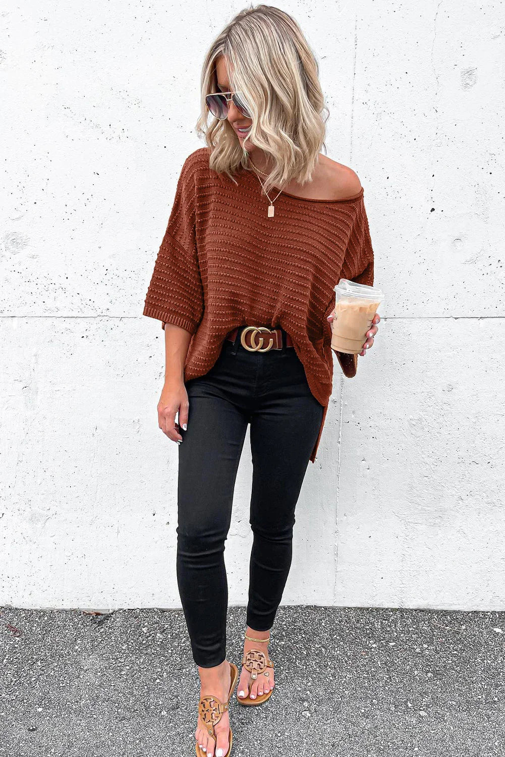 Brown Solid Color Rib-Knit Drop Sleeve Side Slits Top - minbolu -