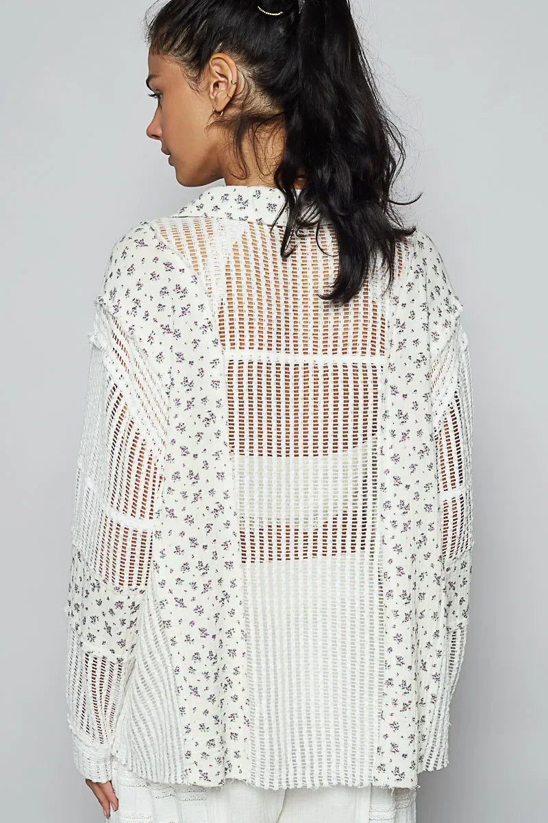 POL Floral Crochet Patchwork Long Sleeve Shirt - minbolu -