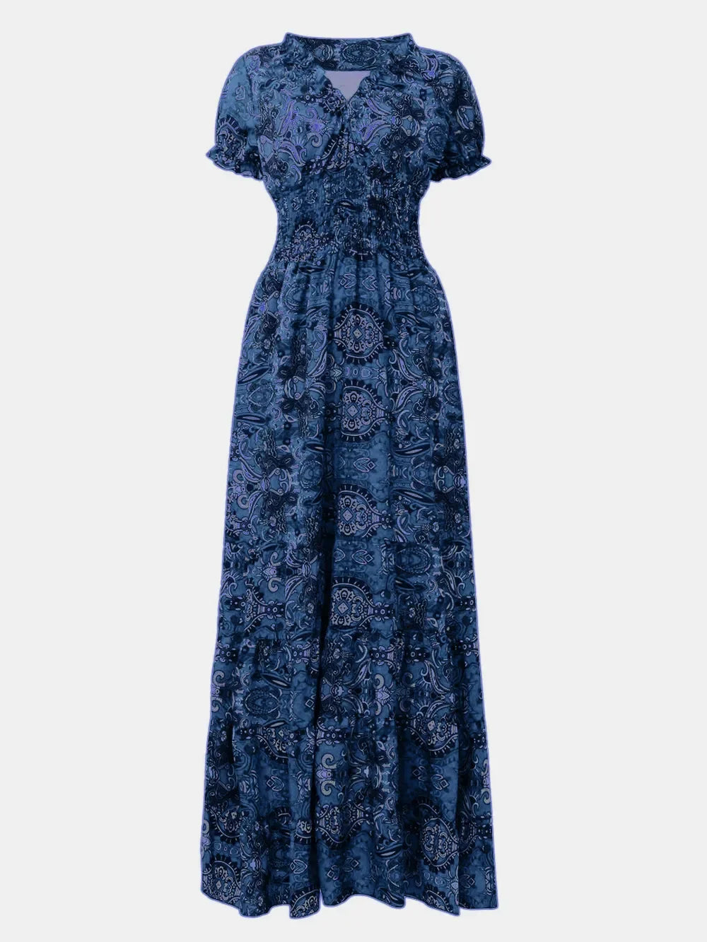 Full Size Smocked Printed V-Neck Short Sleeve Dress - minbolu -