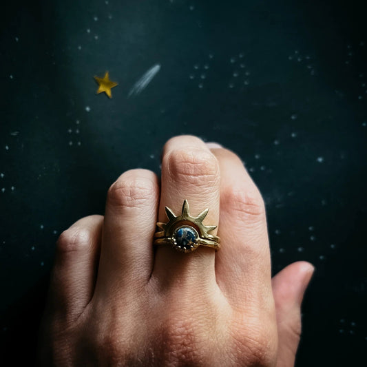 Dark Before the Dawn Sunburst Ring with Copper Lapis Lazuli - minbolu -