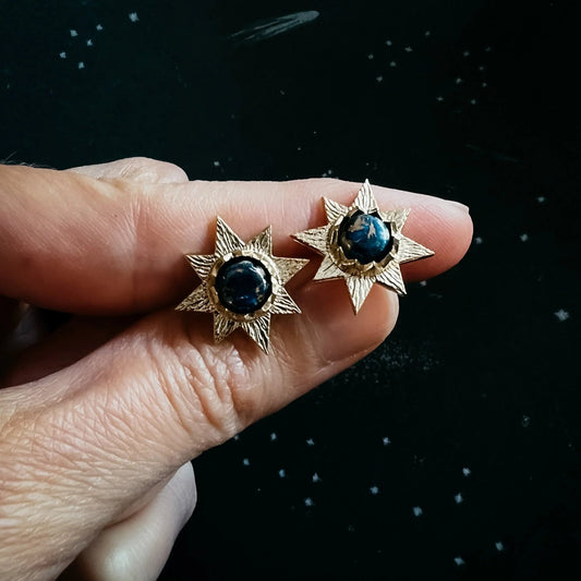 Dark Before the Dawn Sunburst Stud Earrings with Copper Lapis Lazuli - minbolu -
