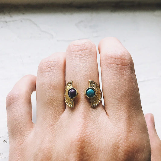 Dawn to Dusk - Two Stone Turquoise Boho Sunburst Ring - minbolu -