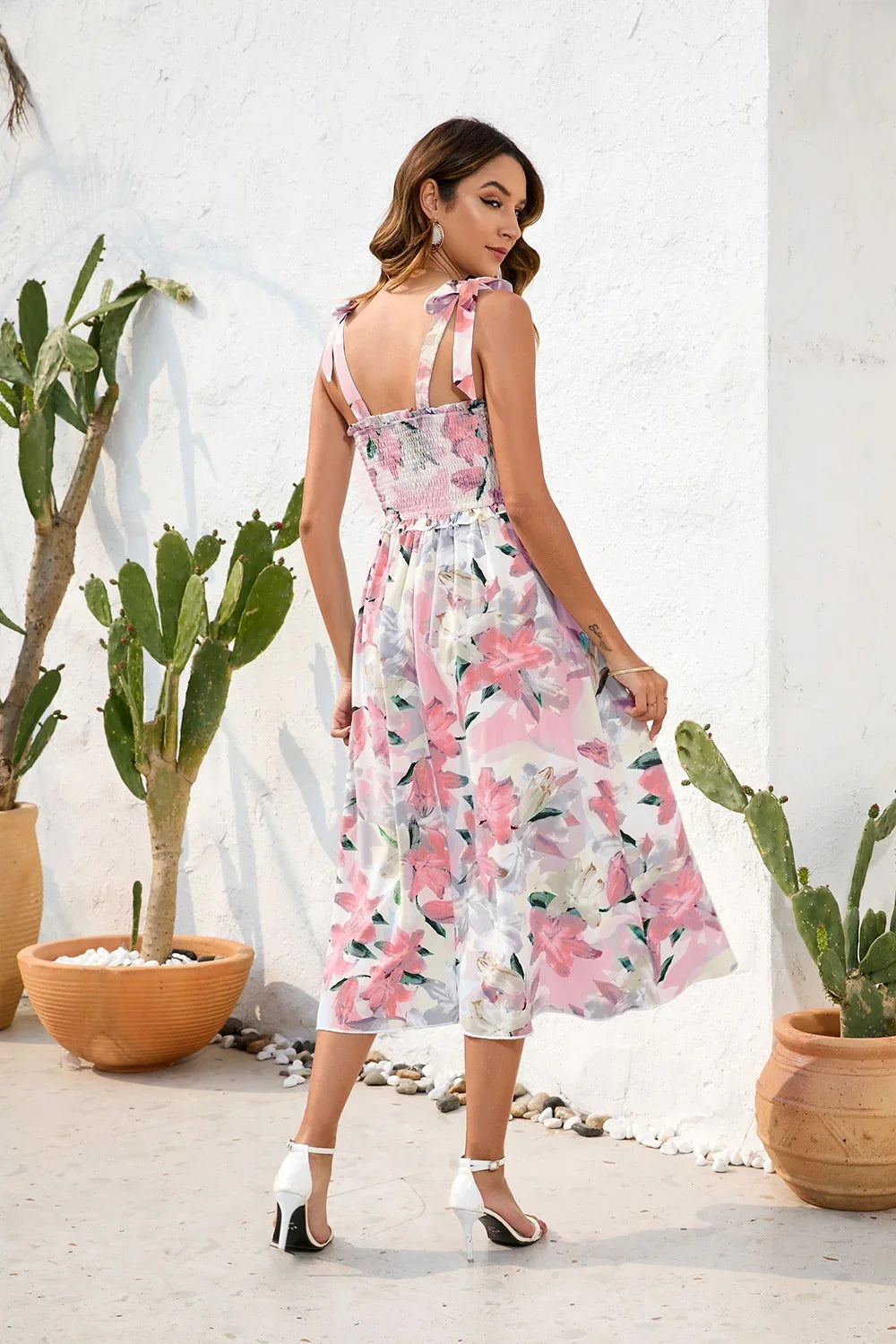 Printed Square Neck Midi Dress - minbolu -