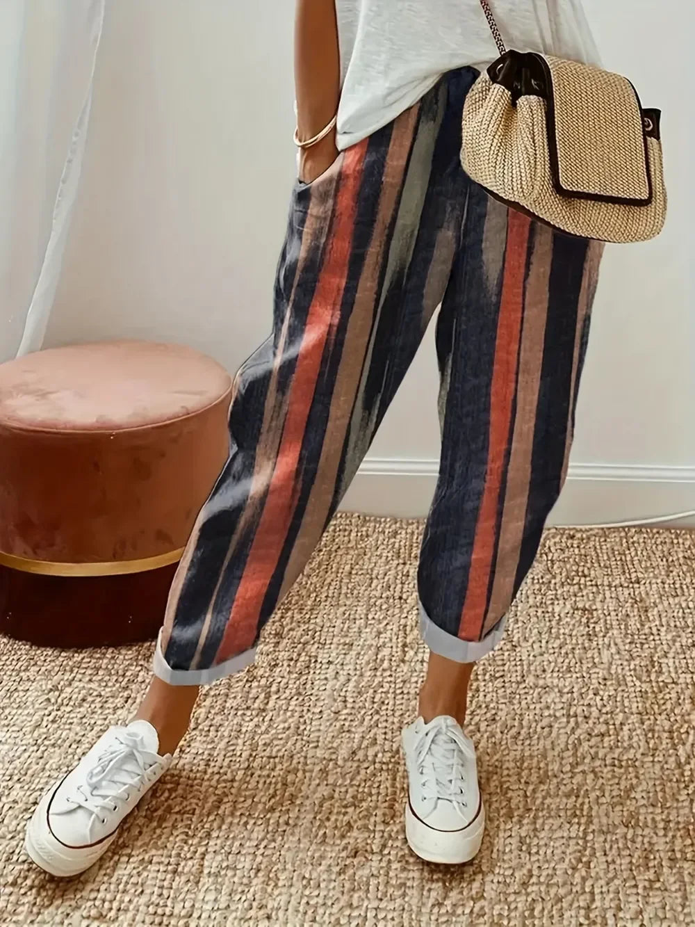 Striped Pocketed Elastic Waist Pants - minbolu -
