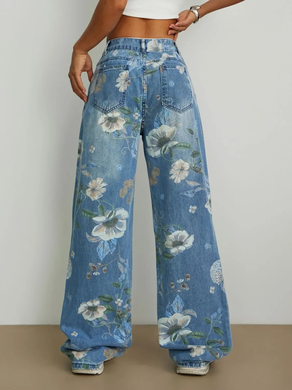 Printed Wide Leg Jeans - minbolu -