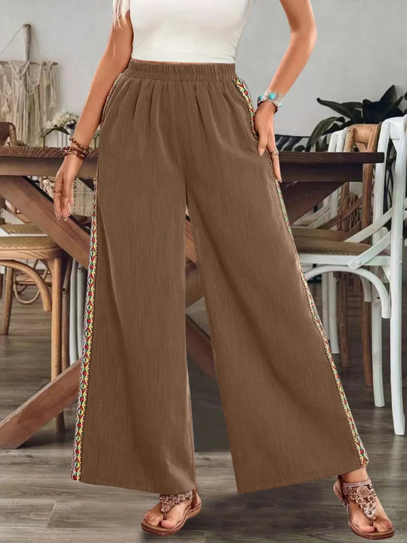Bohemian Wide Leg Embroidered Side Stripe Pants - minbolu -