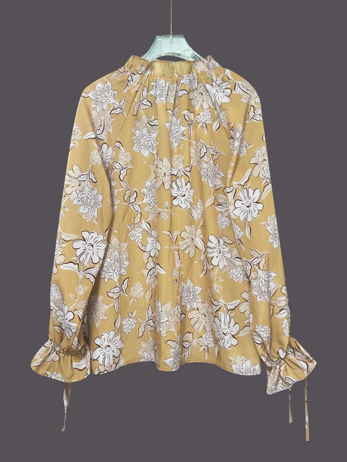 Printed Tie Neck Flounce Sleeve Blouse - minbolu -