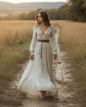 Deep V - Neck Long Sleeve Boho Maxi Dress - Flowing Lightweight Dress - Maxi Dresses - minbolu