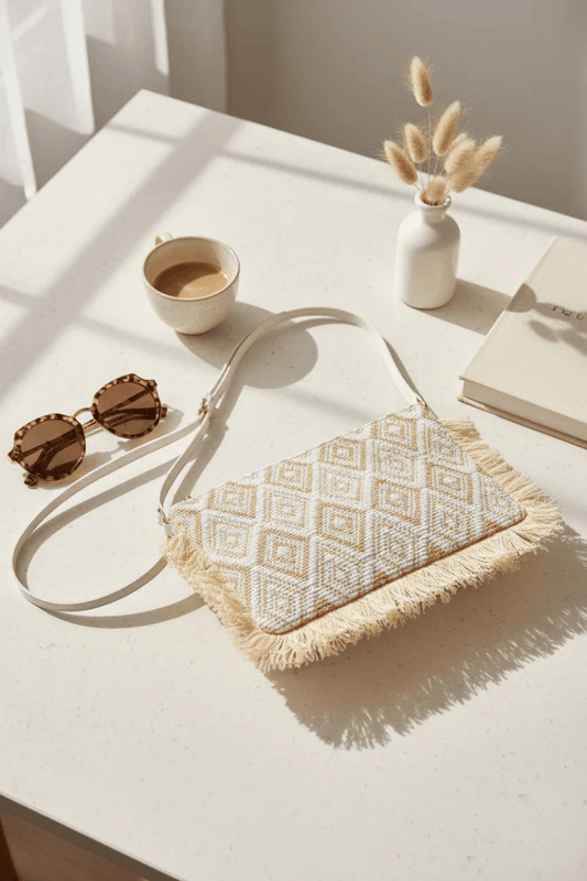 Diamond Shape Crossbody Bag - Geometric Woven Clutch with Tassels - minbolu -