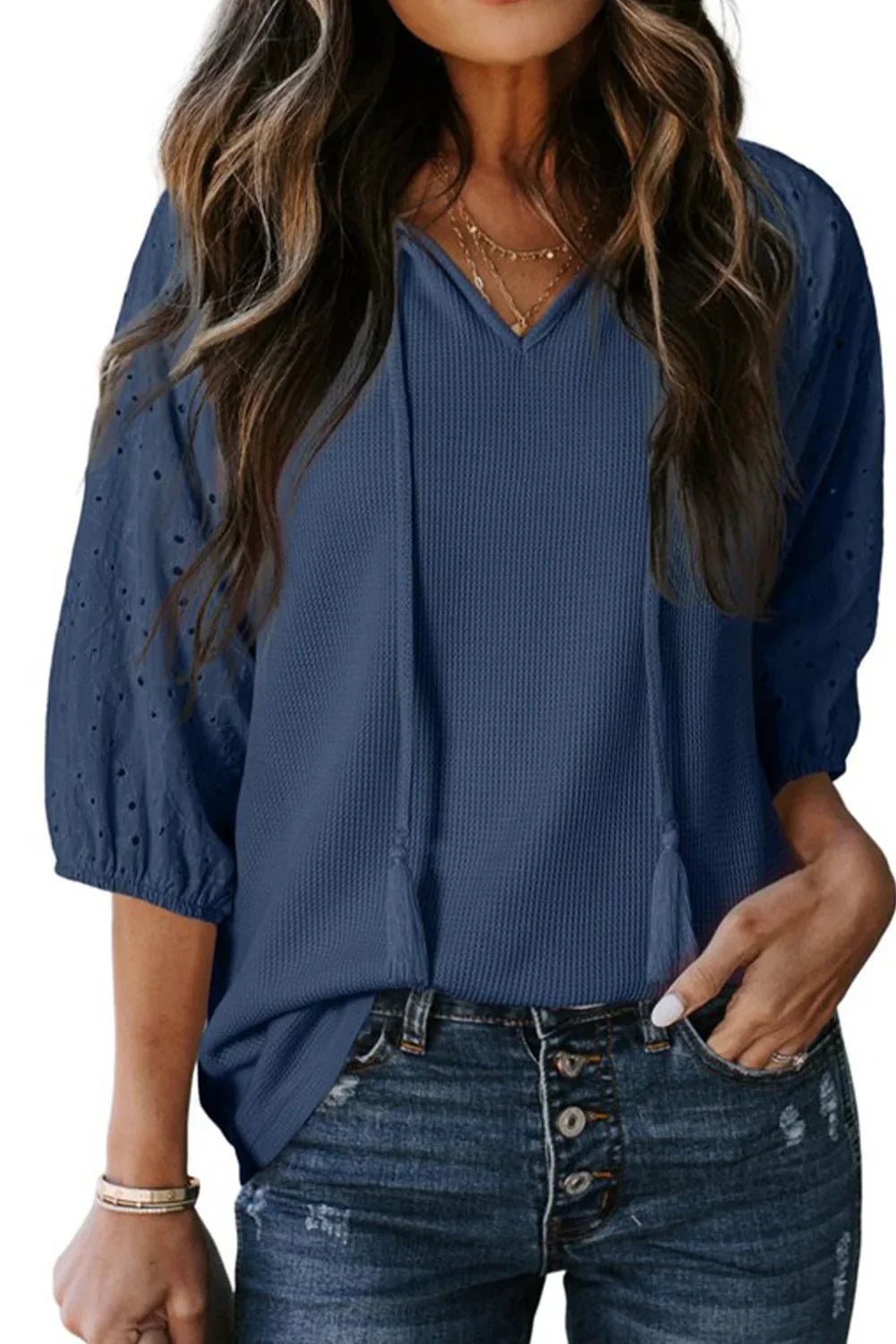 Dirty Blue Tassel Tie Neck Bracelet Sleeve Blouse - minbolu
