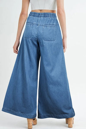 Drawstring Elastic Waist Wide Leg Jeans - minbolu -