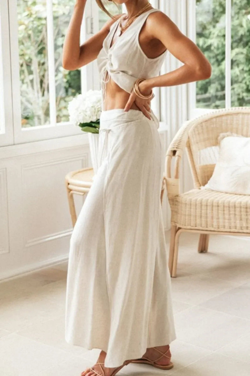 Drawstring V-Neck Tank and Pants Set - minbolu -