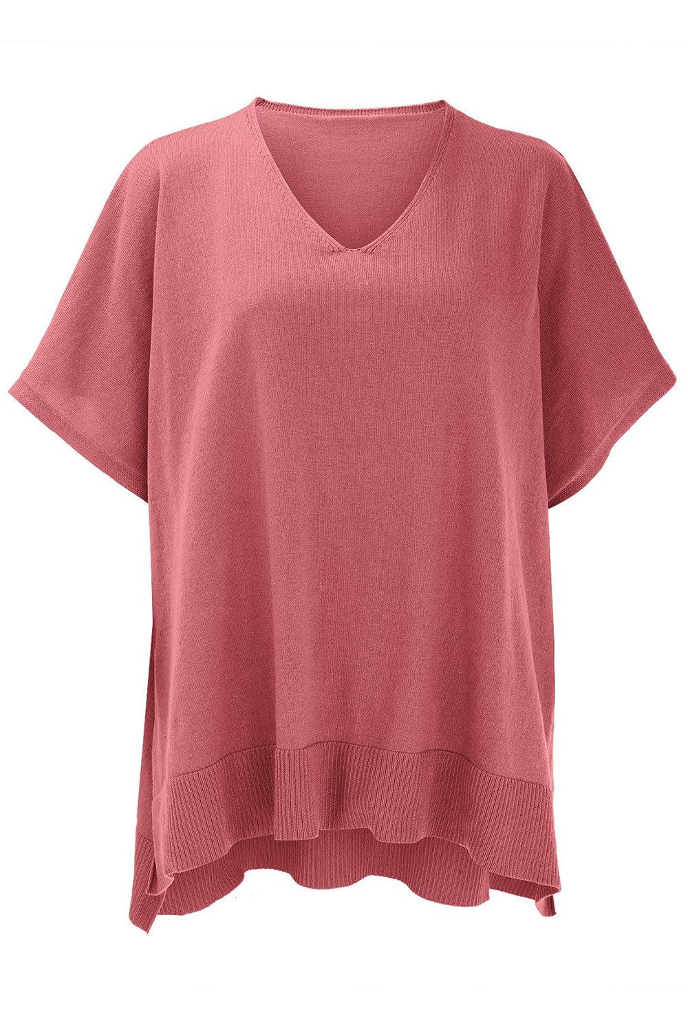 Slit V-Neck Half Sleeve Knit Top - minbolu -