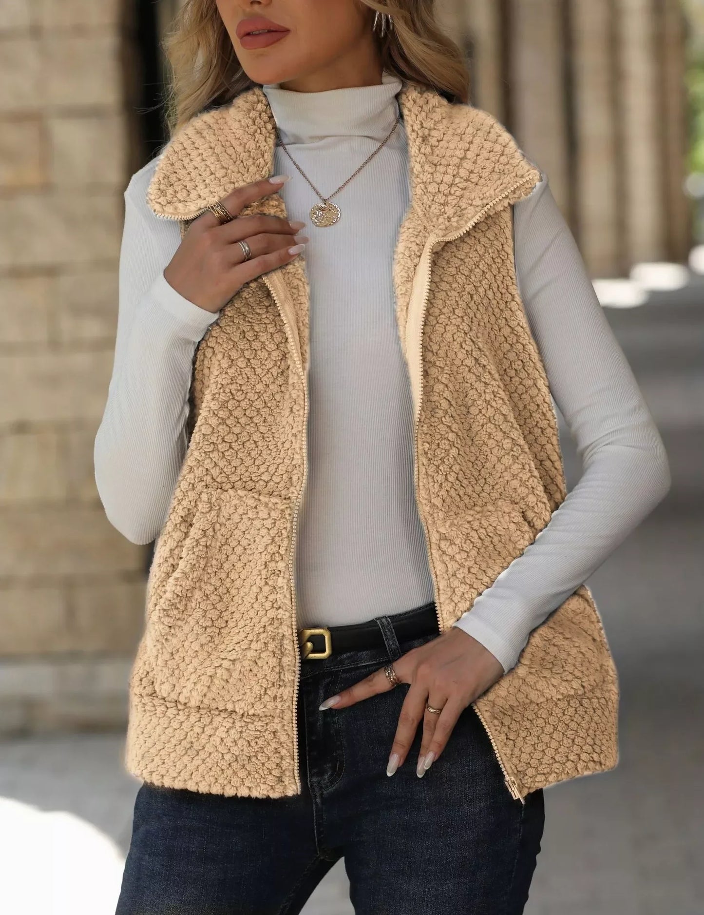 Boho Vest - Women's Zip-Up Sleeveless Coat with Pockets - minbolu -