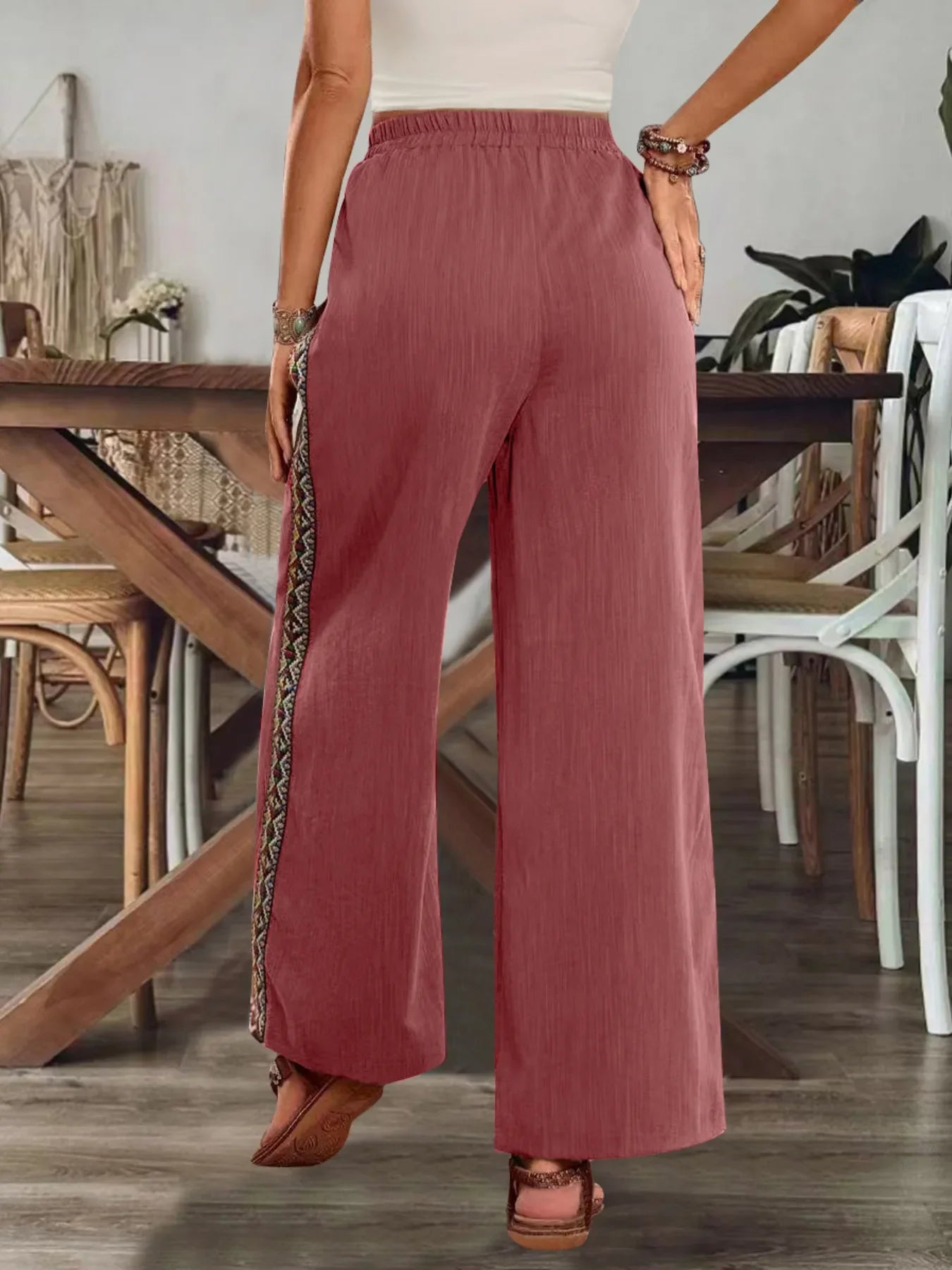 Bohemian Wide Leg Embroidered Side Stripe Pants - minbolu -