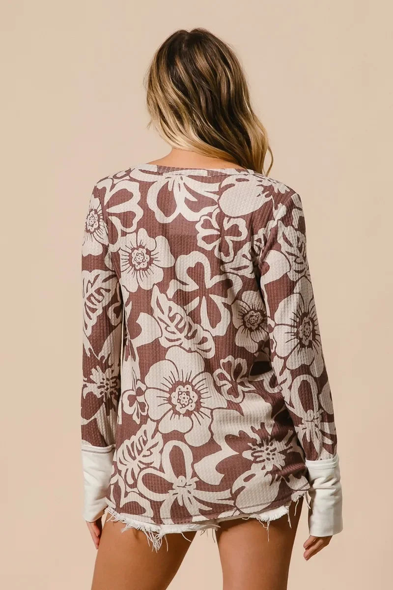 Women's Long Sleeve Top - BiBi Flower Printed Waffle Thumb Opening Boho Long Sleeve Top - minbolu -