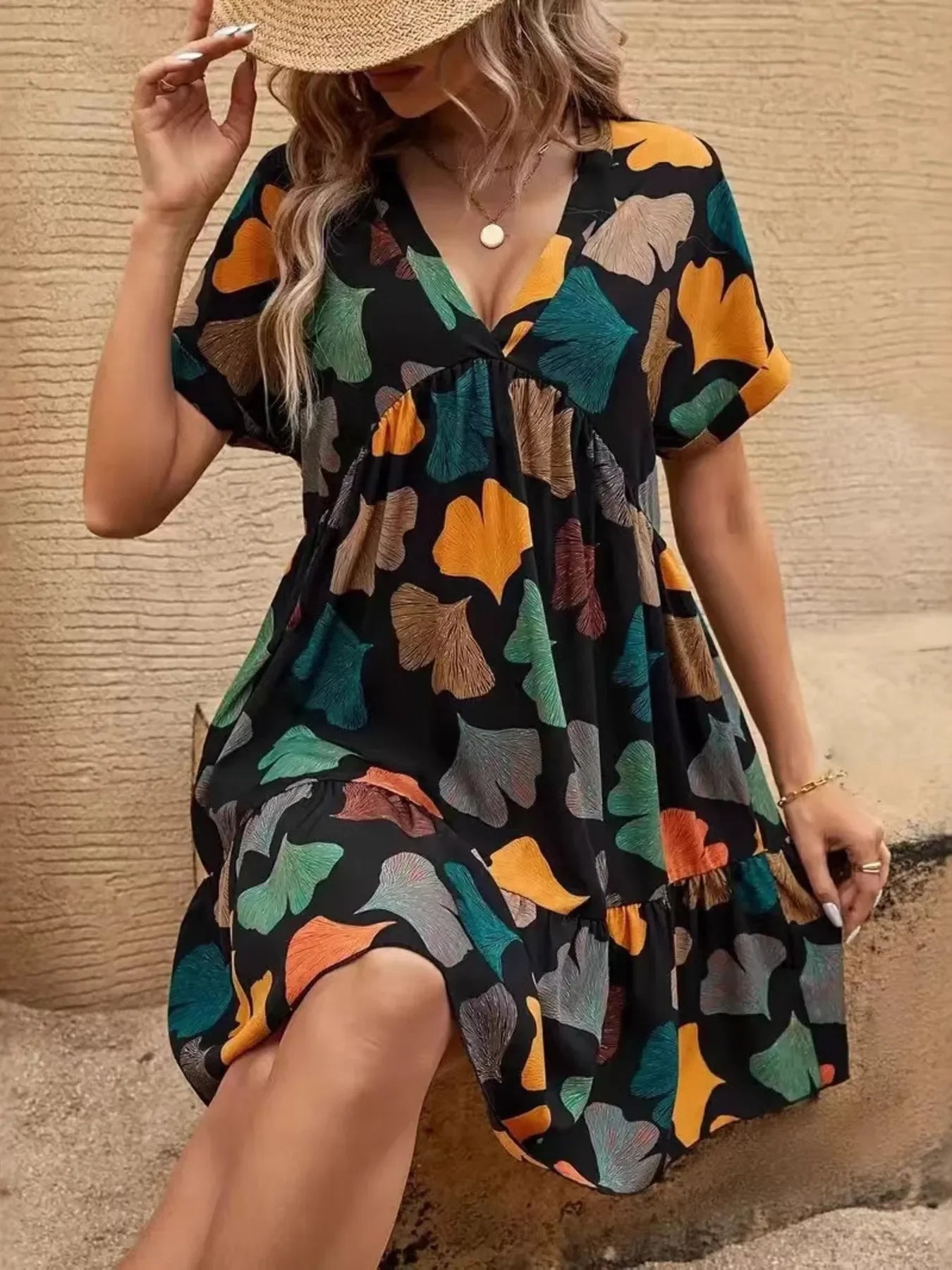 Printed V-neck Short Sleeve Boho Mini Dress - minbolu -