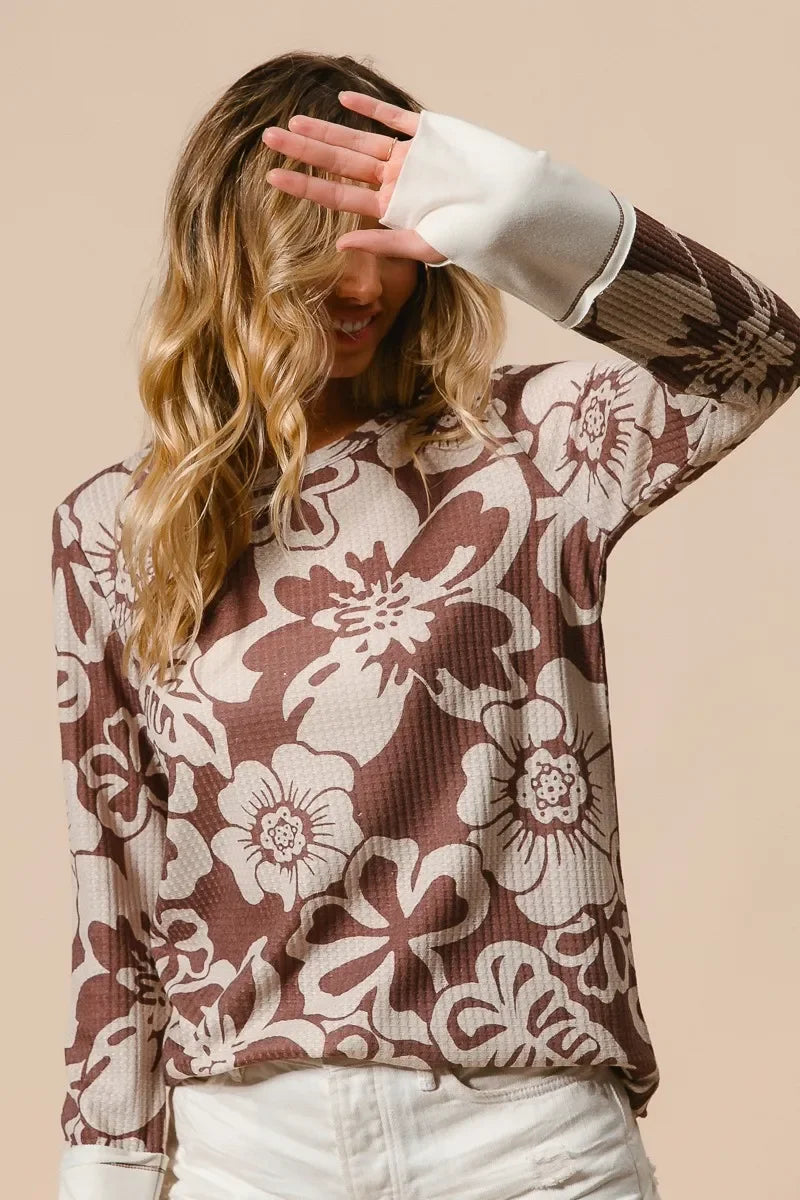 Women's Long Sleeve Top - BiBi Flower Printed Waffle Thumb Opening Boho Long Sleeve Top - minbolu -