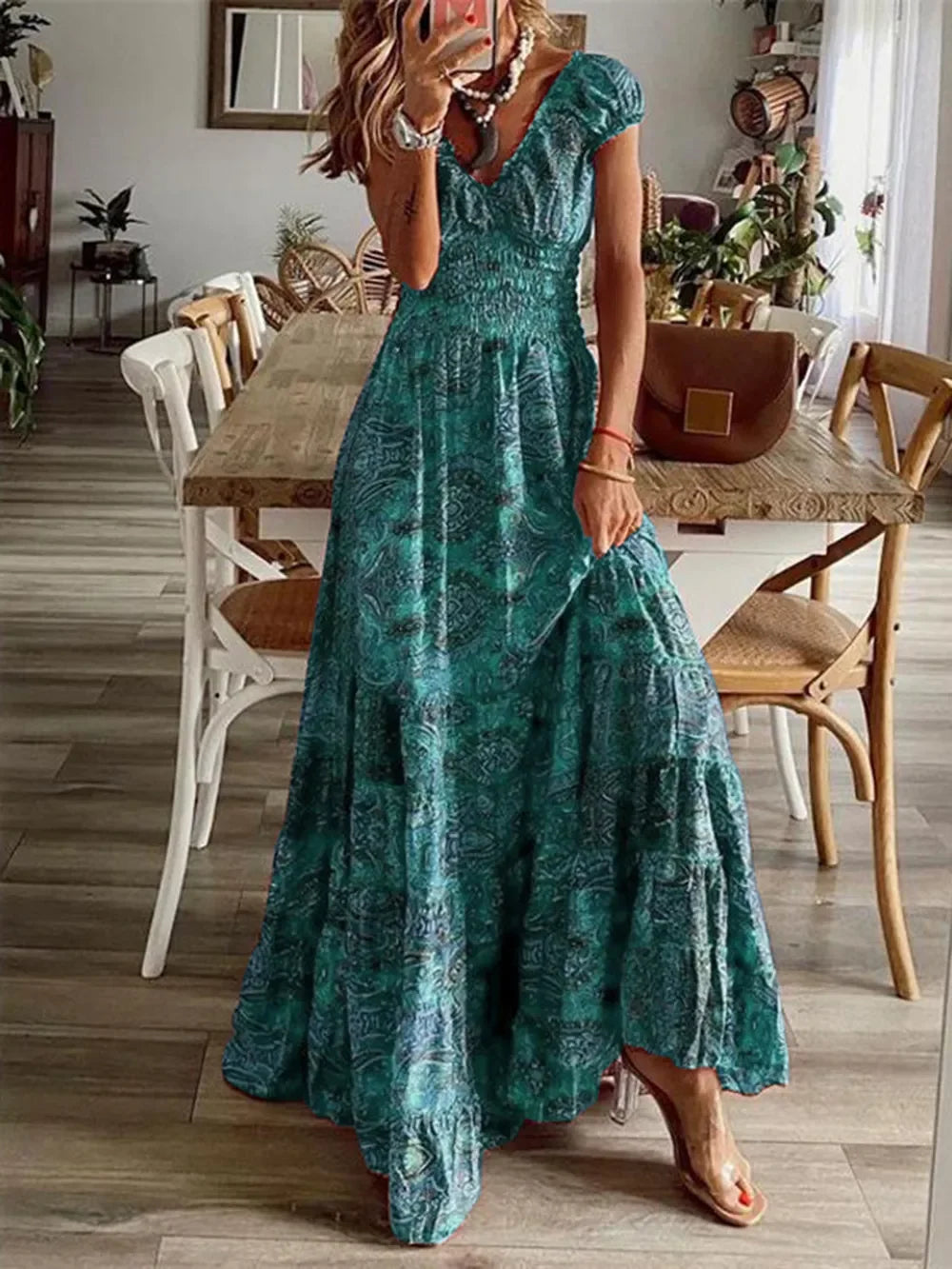 Full Size Smocked Printed V-Neck Short Sleeve Dress - minbolu -