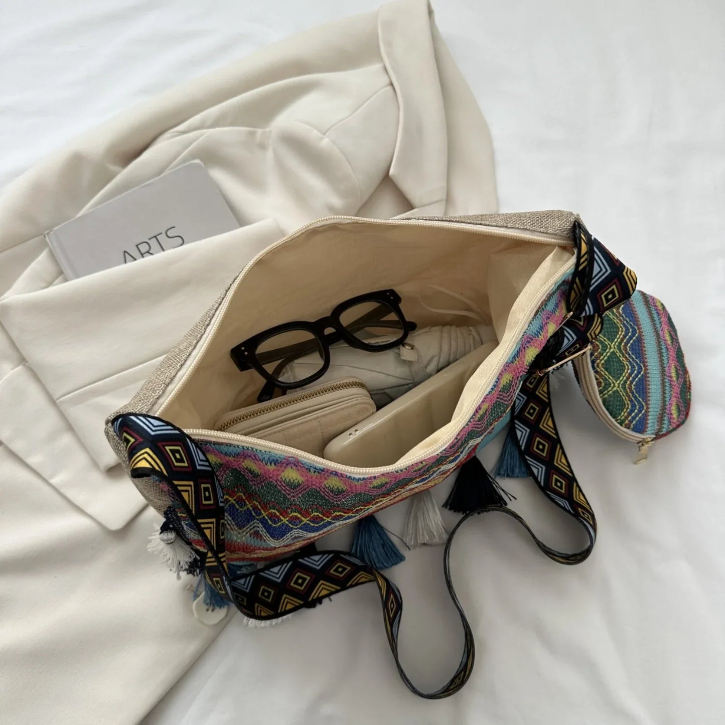Printed Tassel Crossbody Bag with Small Purse - minbolu -