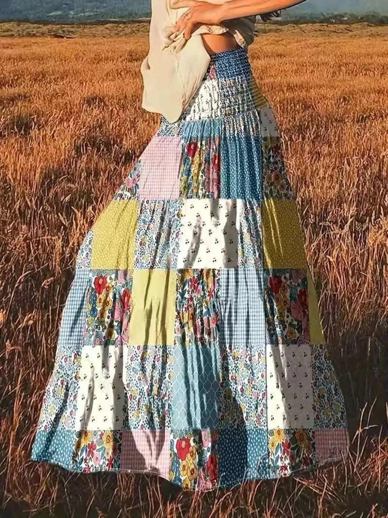 Smocked Waist Printed Maxi Skirt - minbolu -