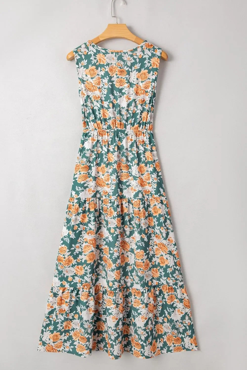 Floral Print Trimmed V Neck Tie Waist Sleeveless Dress - minbolu -